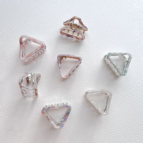 French style small triangle tortoise hair clip collection in ivory, sage, lavender, blue, and pink, eco-friendly acetate