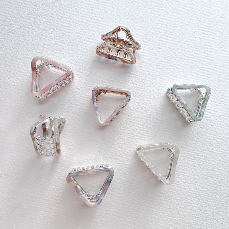 French style small triangle tortoise hair clip collection in ivory, sage, lavender, blue, and pink, eco-friendly acetate