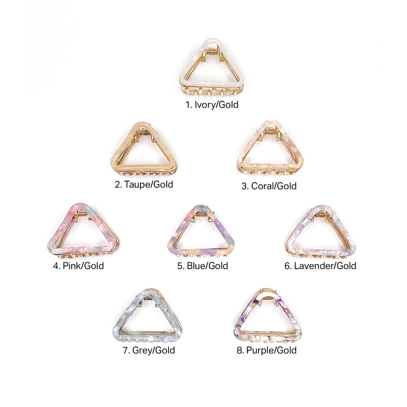 Small triangle French style tortoise hair clip collection in ivory, sage, lavender, blue, and pink, eco-friendly acetate with gold clasp