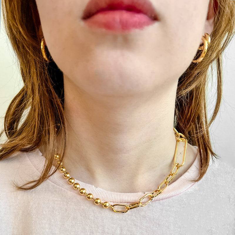 mixed large ball link chain necklace for women, mixed up ball chain with paperclip chain chocker for men, made in USA unique thick mixed link chain necklace gold, Maison Soyenne