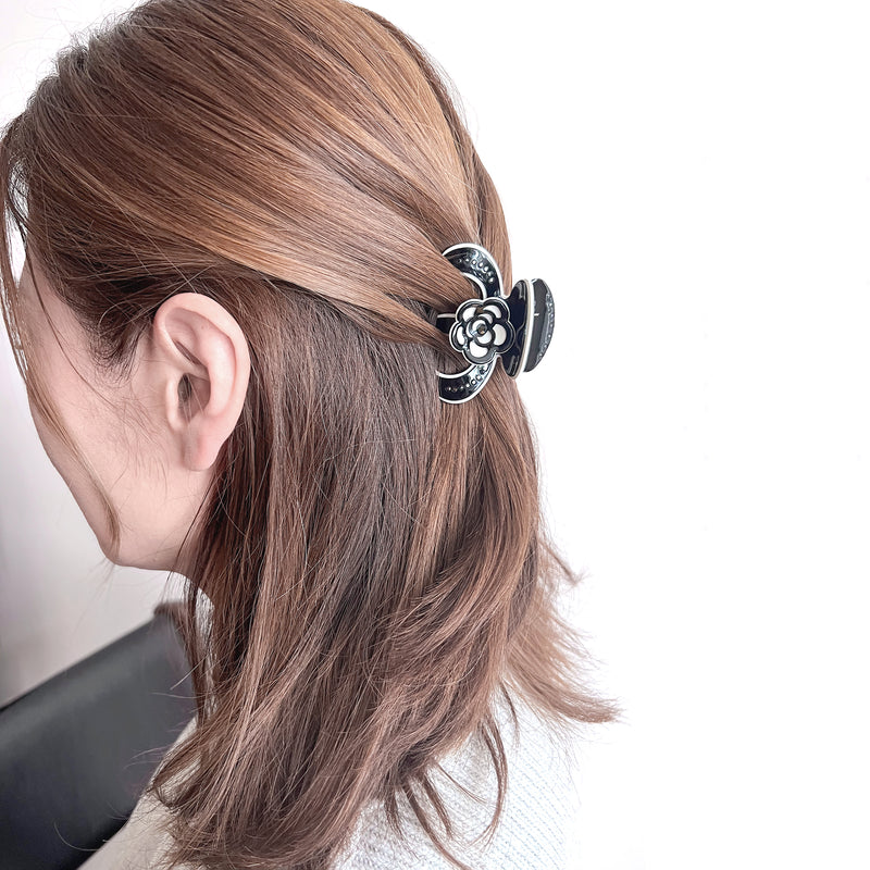 Swarovski Camellia Flower Claw Clip set with Black color medium size for regular to long hair, Luxury Rhinestone Hair Clip – MAISON SOYENNE
