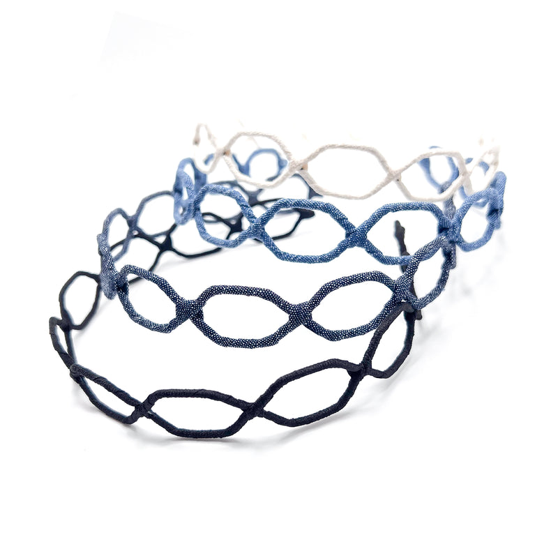 Handmade Eco-Friendly Denim Headband – Comfy & Stylish Hair Accessory for Women. Elevate your everyday look with our handmade, sustainable denim-wrapped headband, thoughtfully designed for comfort and style. Crafted from eco-friendly materials, this lightweight, pressure-free headband is perfect for all-day wear without the tight squeeze. Available colors, Ivory, Vintage Rose, Classic Denim Blue, Black - Maison Soyenne