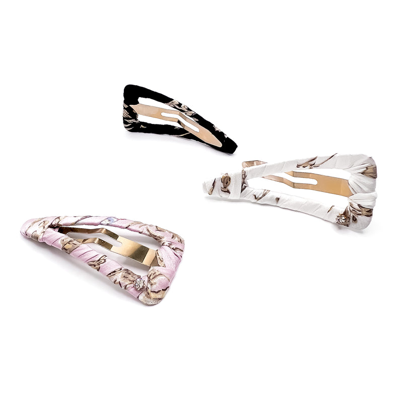 Fabric Wrapped Hair Snap Clip – Handmade, Eco-Friendly, Vintage Triangle Hair Pin with Crystal & Black Onyx Stud | Maison Soyenne