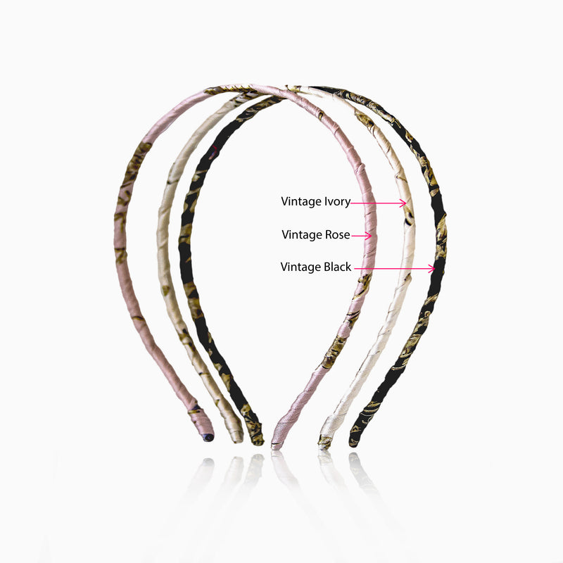 Sustainable and stylish, this boho-inspired vintage style headband features a super skinny, ultra-thin shape that blends comfort with structure. Wrapped in eco-friendly vintage fabric Hair band Color available in Ivory, Pink and Rose - Maison Soyenne