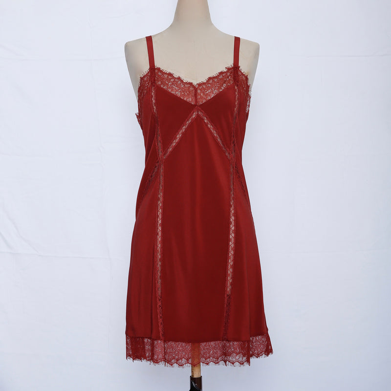maisonsoyenne, little red dress, little cami silk dress, burgundy silk mini dress, chantilly lace mini dress, french lace silk dress, vintage style silk dress, lingerie silk dress, beautiful silk dress, made in us silk dress, red slip silk dress, luxury fashion style, wedding gift for her, Valentine's day gift for her