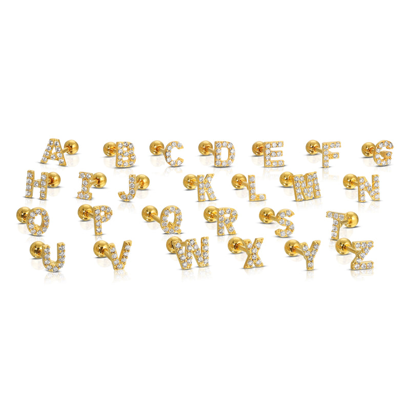 Cubic Zirconia Initial Alphabet Letter Ear Piercing Stud • Minimalist Ear Studs
