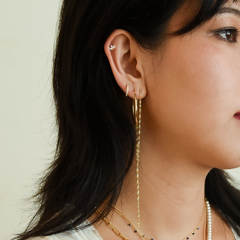 Gold Singapore long dangle chain earrings, CZ 925sterling silver double chain long drop ear studs, Singapore long double gold chain ear stud, K-pop style earrings, Maison Soyenne, Minimalist jewelry, Gift for her, Holiday gift idea, made in south Korea jewelry