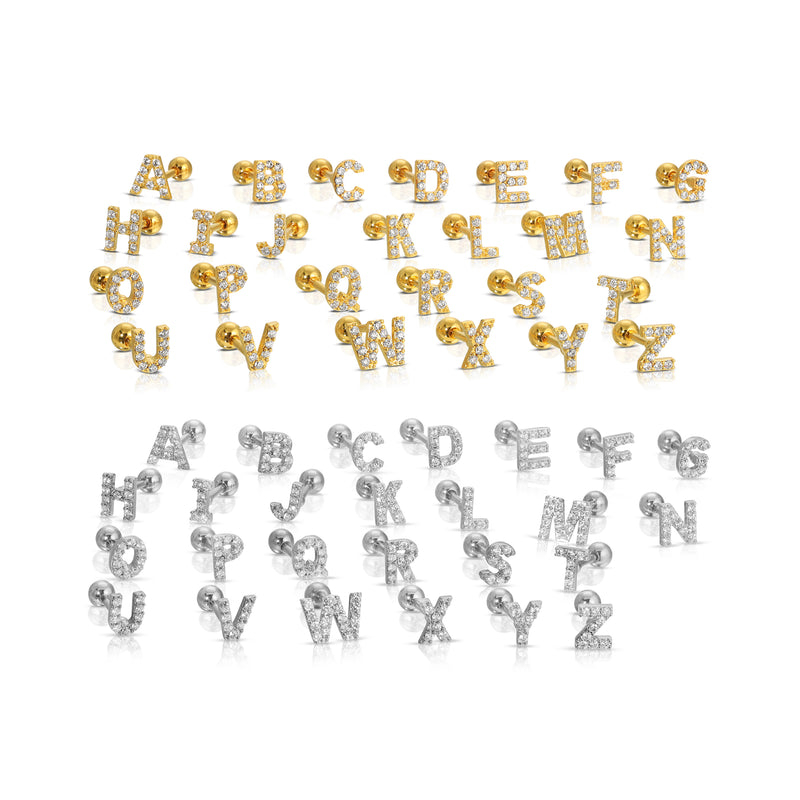 Cubic Zirconia Initial Alphabet Letter Ear Piercing Stud • Minimalist Ear Studs