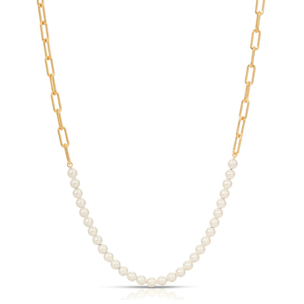 fresh water pearl link gold chain necklace in 925 sterling silver, gold paperclip chain mix with pearl necklace, holiday gift idea, bridesmaid necklace, wedding pearl necklace, gift for her, birthday gift idea, Korean style jewelry, K-pop necklace