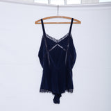 maisonsoyenne, lace lingerie romper, lace bodysuit, vintage style bodysuit, chantilly lace silk bodysuit, navy silk bodysuit, navy lace bodysuit, made in us silk bodysuit, navy silk short romper, navy silk bodysuit, wedding gift for her, Valentine's gift for her, luxury fashion, couture lingerie