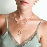 fresh water pearl link gold chain necklace in 925 sterling silver, gold paperclip chain mix with pearl necklace, holiday gift idea, bridesmaid necklace, wedding pearl necklace, gift for her, birthday gift idea, Korean style jewelry, K-pop necklace