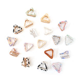 French style small triangle hair clip collection in pastel marble tortoise colors, eco-friendly acetate with silver and gold clasps