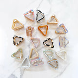 French style small triangle hair clip collection in pastel marble tortoise colors, eco-friendly acetate with silver and gold clasps