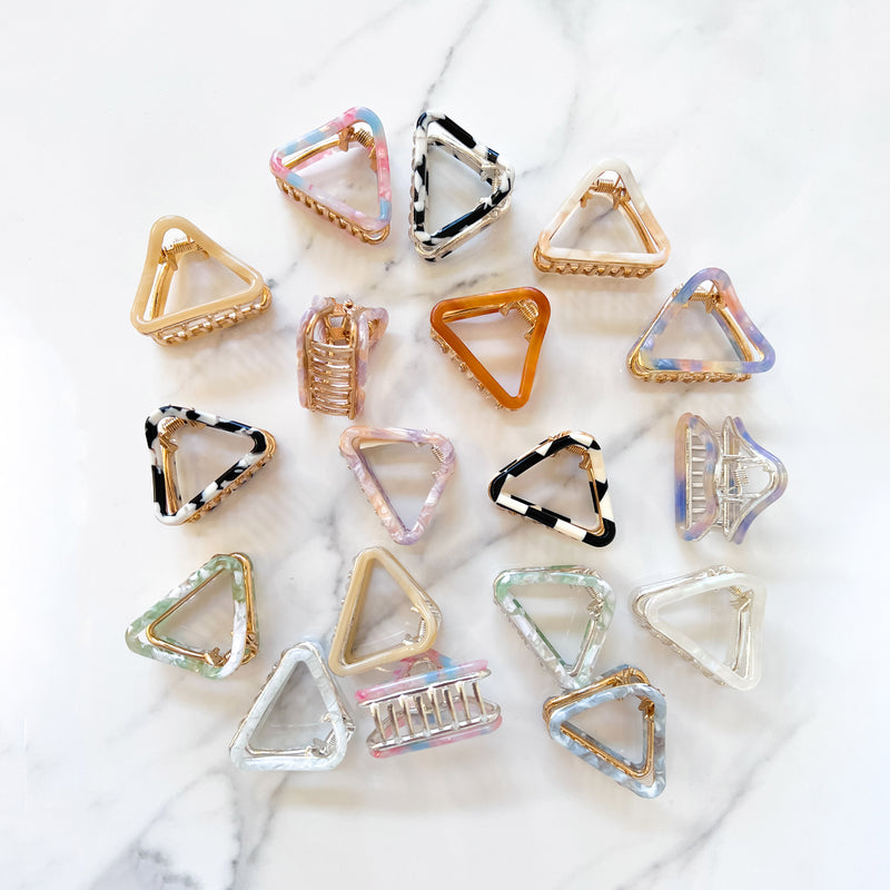 French style small triangle hair clip collection in pastel marble tortoise colors, eco-friendly acetate with silver and gold clasps